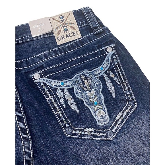 Grace in LA Women's Western Cow Steer Head Feather Bootcut Stretch Jeans - Picture 4 of 5